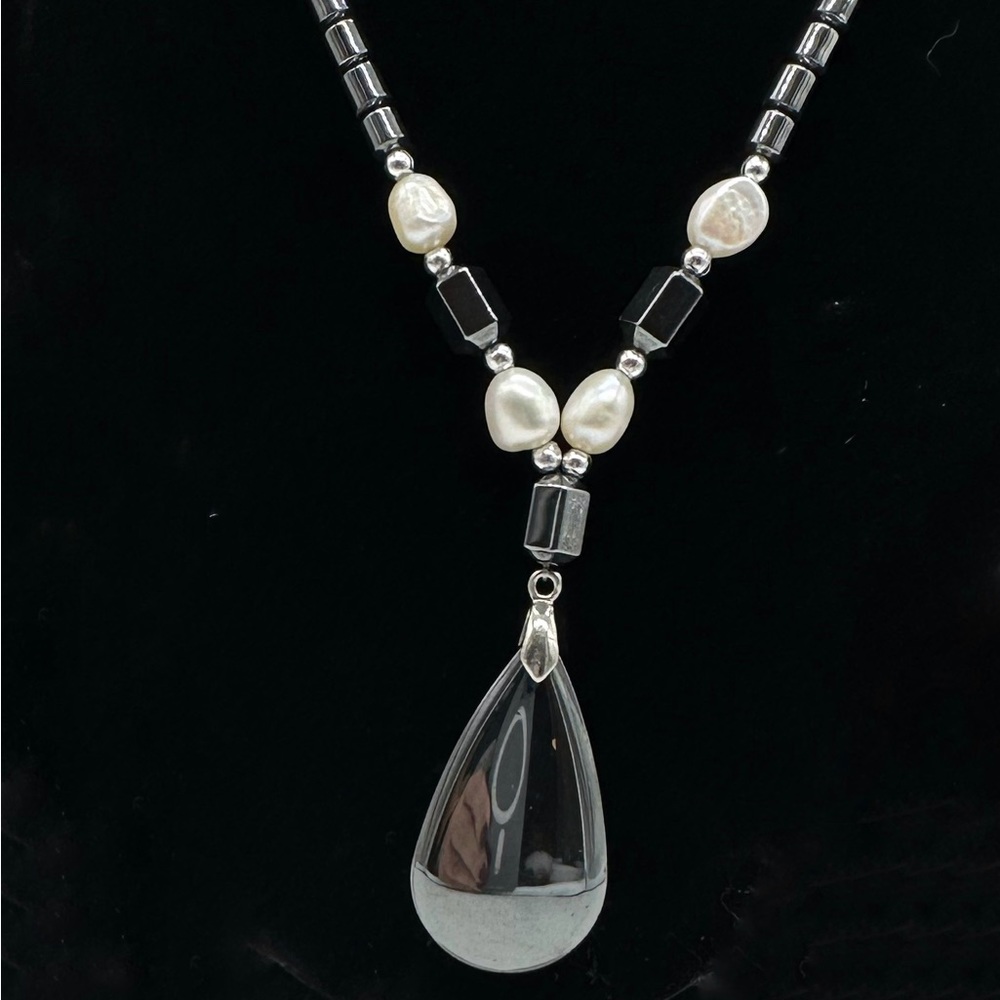 Black Hemotite Necklace Drum Beads Chunky Statement Hemotite Stone Pendant - Picture 4 of 7